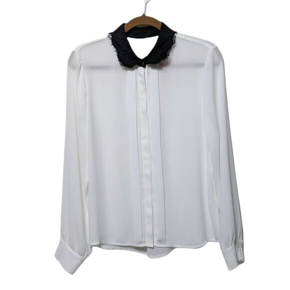 GREYLIN Sheer White Pleated Lace Collar Blouse M - Picture 2 of 8